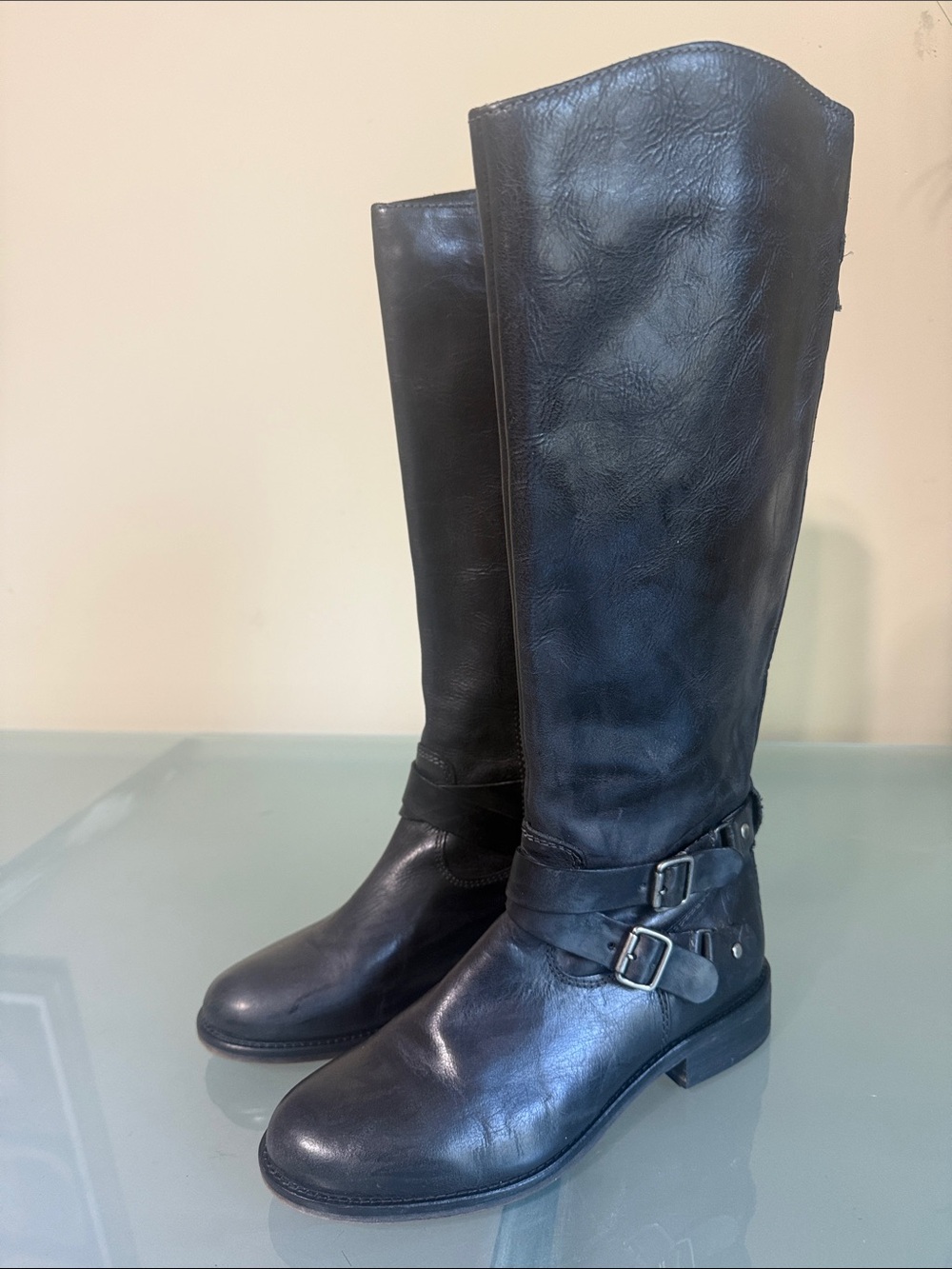 Hinge Black Leather Knee-High Riding Boots Size 7.5 Buckle Strap Distressed